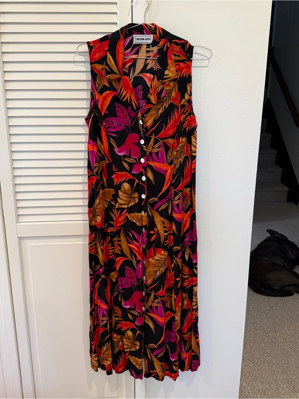 Vintage Black Tropical Print Midi Dress - Pink & Orange Leaf Pattern